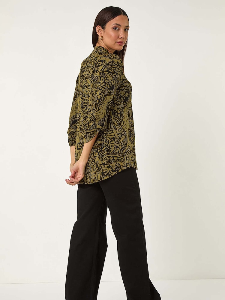 Roman Green Paisley Print Pleat V-Neck Stretch Top - Image 1 of 5