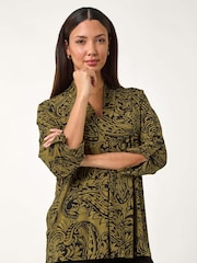 Roman Green Paisley Print Pleat V-Neck Stretch Top - Image 2 of 5