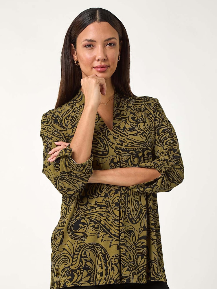 Roman Green Paisley Print Pleat V-Neck Stretch Top - Image 2 of 5