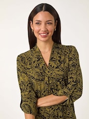 Roman Green Paisley Print Pleat V-Neck Stretch Top - Image 4 of 5