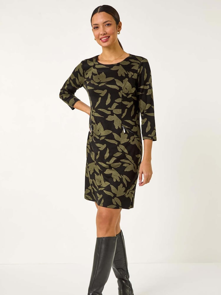Roman Green Leaf Print Pocket Detail Shift Dress - Image 1 of 5