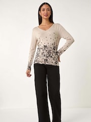 Roman Natural Floral Print Hotfix V-Neck Knit Jumper - Image 2 of 5