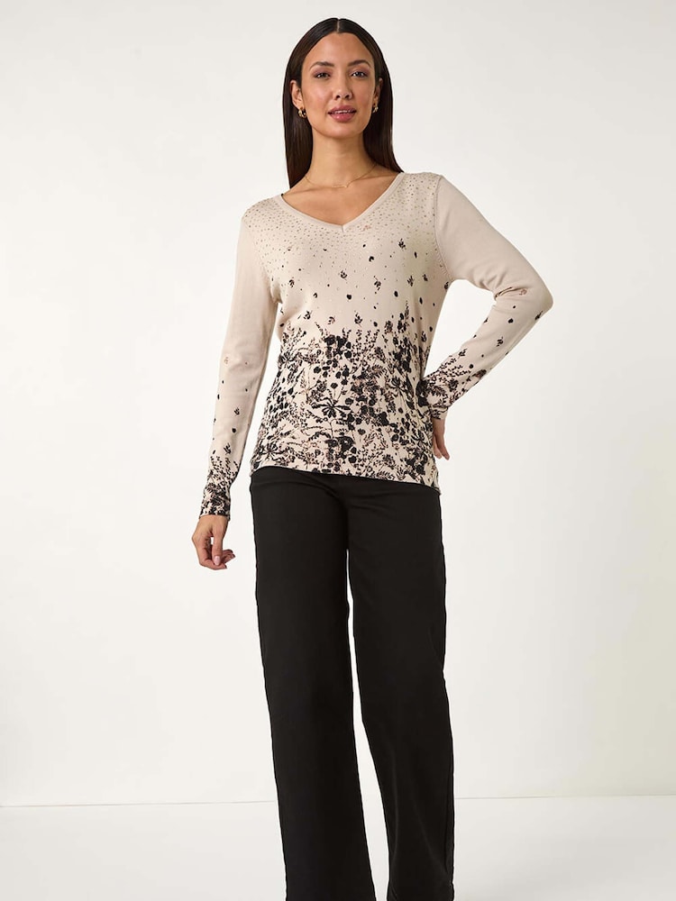 Roman Natural Floral Print Hotfix V-Neck Knit Jumper - Image 2 of 5