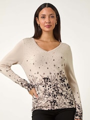 Roman Natural Floral Print Hotfix V-Neck Knit Jumper - Image 4 of 5