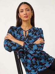 Roman Black Print Tie Neck Stretch Top - Image 1 of 5