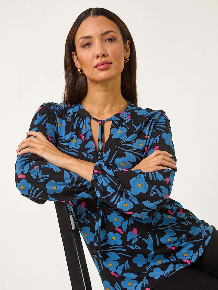 Roman Black Print Tie Neck Stretch Top - Image 1 of 5