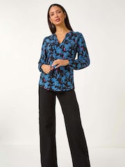 Roman Black Print Tie Neck Stretch Top - Image 2 of 5