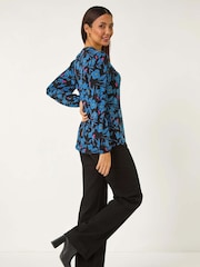 Roman Black Print Tie Neck Stretch Top - Image 3 of 5