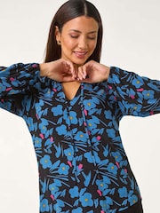 Roman Black Print Tie Neck Stretch Top - Image 4 of 5