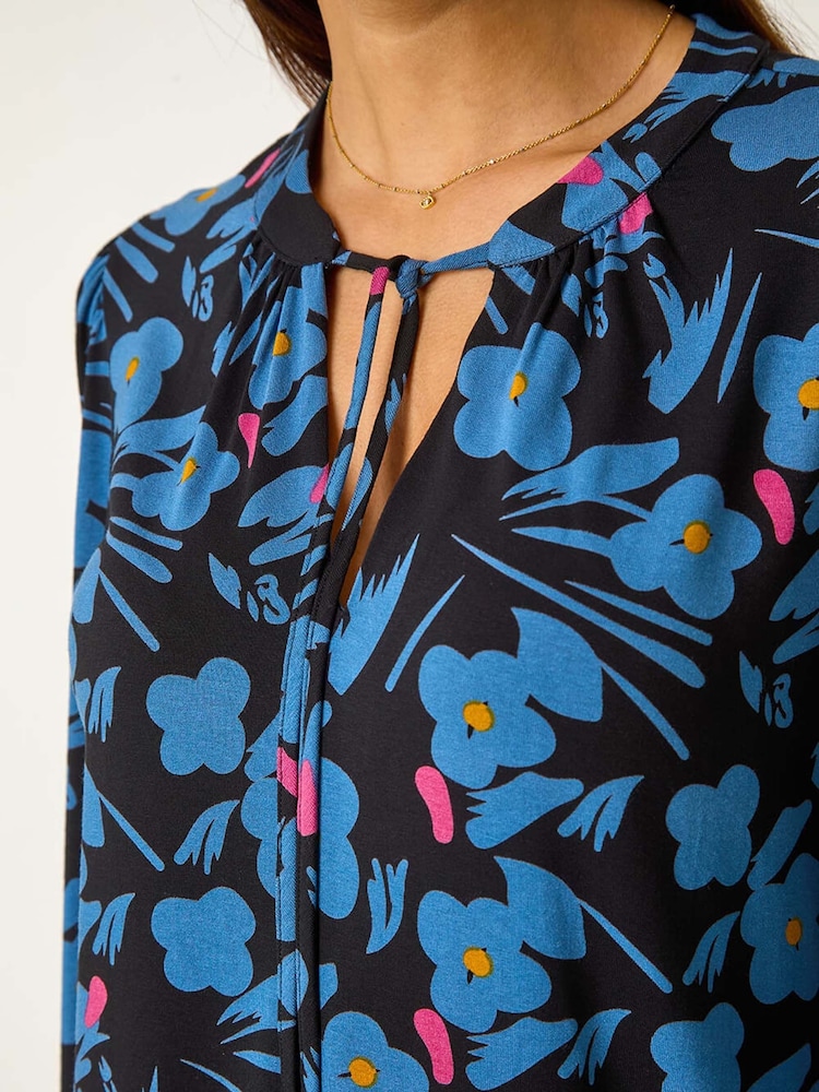Roman Black Print Tie Neck Stretch Top - Image 5 of 5