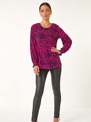 Roman Pink Abstract Printed Shirred Tunic Top - Image 2 of 5