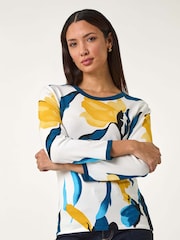 Roman Yellow Floral Print 3/4 Sleeve Knit Jumper - Image 4 of 5