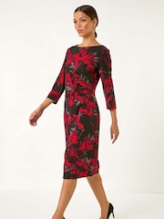 Roman Red Leaf Print Side Pleat Stretch Dress - Image 1 of 5