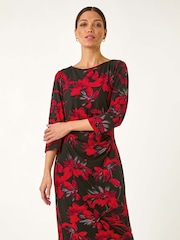 Roman Red Leaf Print Side Pleat Stretch Dress - Image 2 of 5