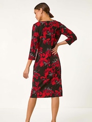 Roman Red Leaf Print Side Pleat Stretch Dress - Image 3 of 5