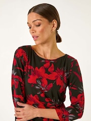 Roman Red Leaf Print Side Pleat Stretch Dress - Image 4 of 5