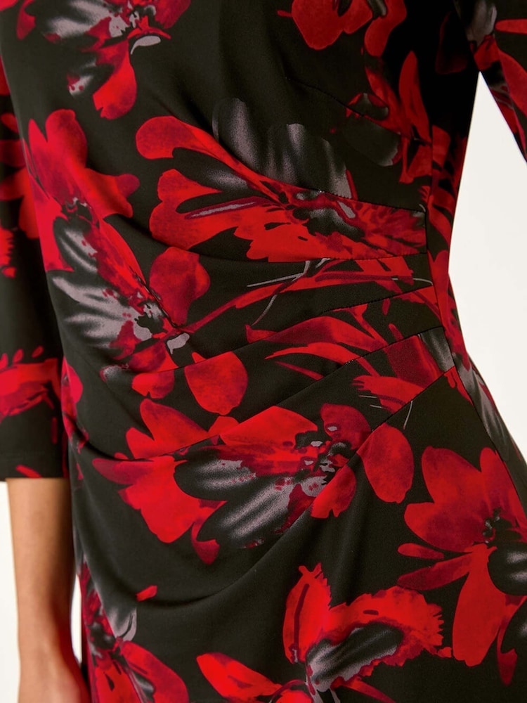 Roman Red Leaf Print Side Pleat Stretch Dress - Image 5 of 5