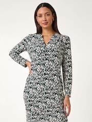 Roman Green Print V-Neck Shift Stretch Dress - Image 1 of 5