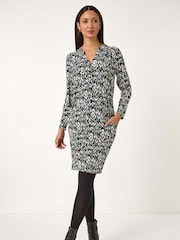 Roman Green Print V-Neck Shift Stretch Dress - Image 2 of 5