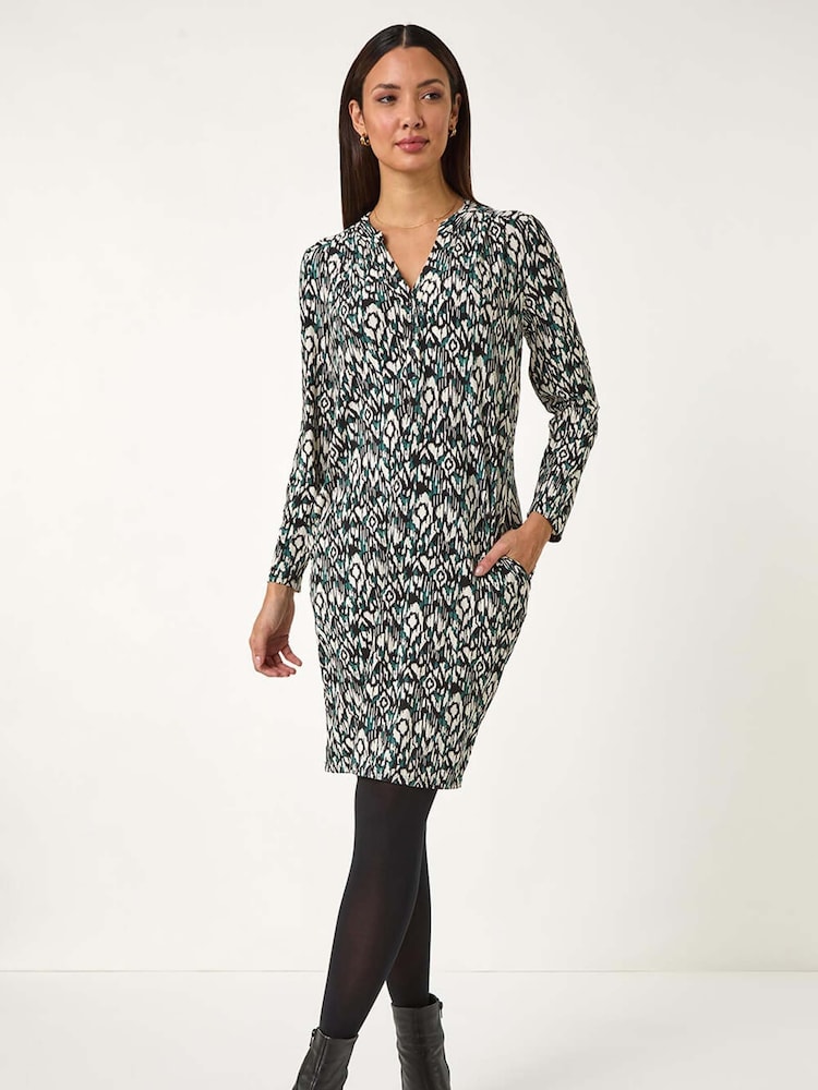 Roman Green Print V-Neck Shift Stretch Dress - Image 2 of 5