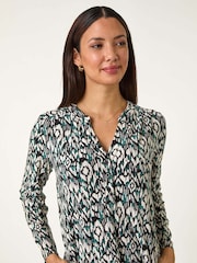 Roman Green Print V-Neck Shift Stretch Dress - Image 4 of 5