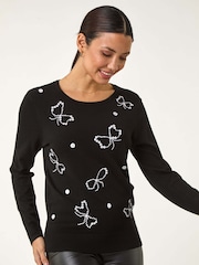 Roman Black Embroidered Bow Detail Knit Jumper - Image 2 of 5