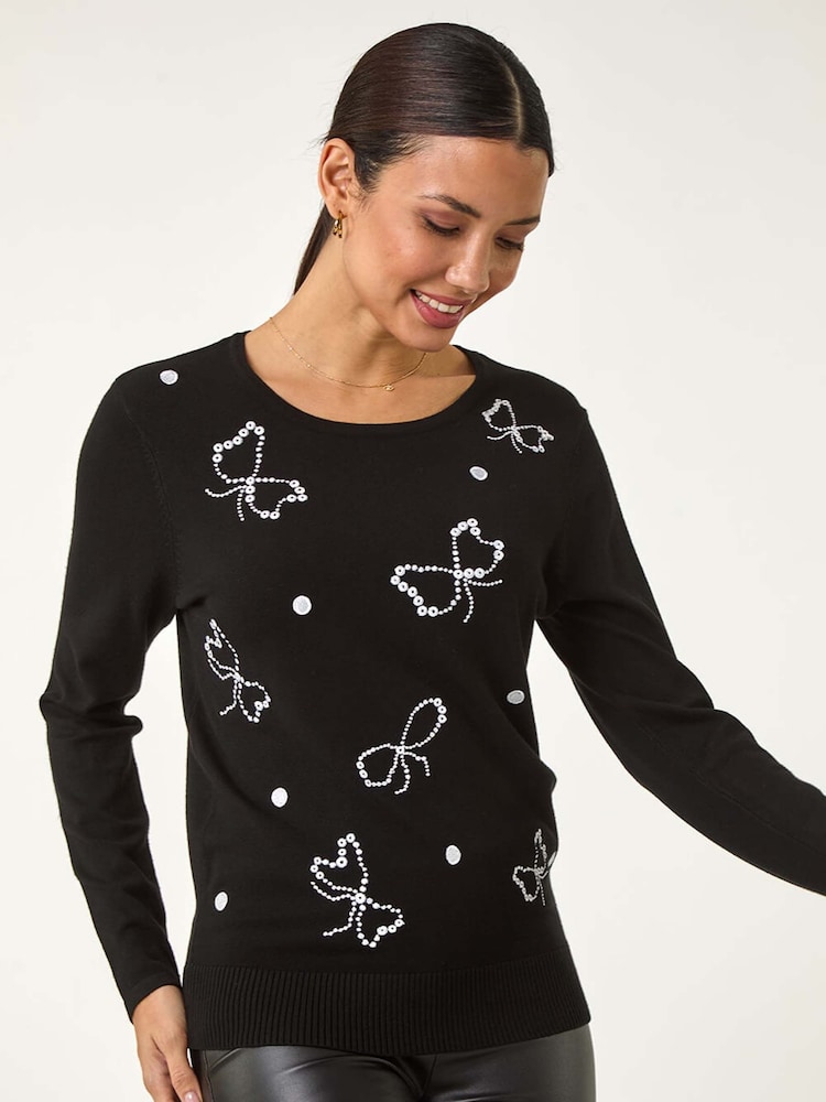 Roman Black Embroidered Bow Detail Knit Jumper - Image 2 of 5