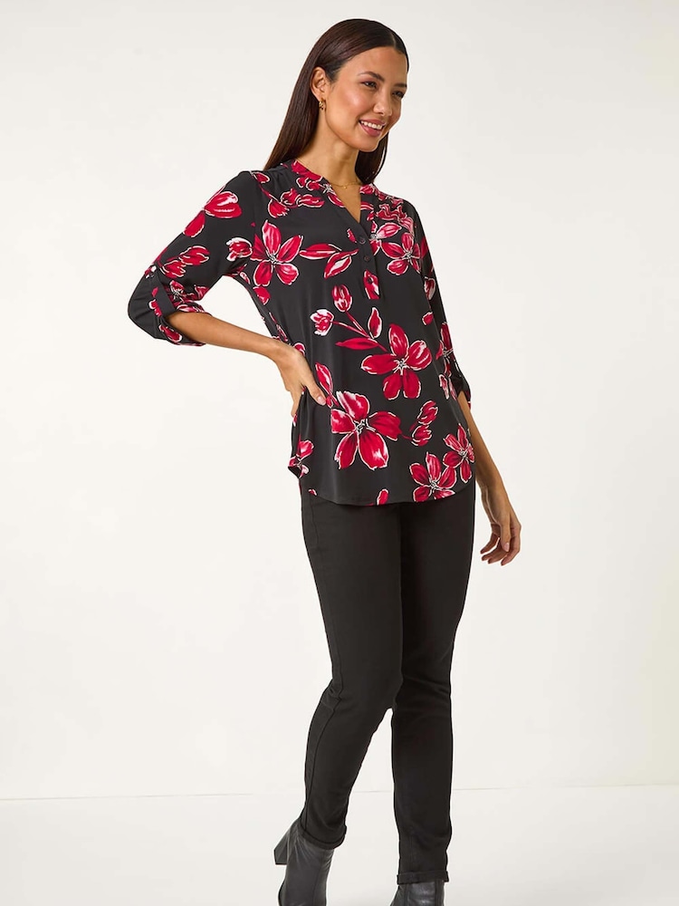 Roman Textured Floral Print V-Neck Stretch Blouses - Imagen 2 de 5