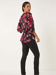 Roman Textured Floral Print V-Neck Stretch Blouses - Imagen 3 de 5