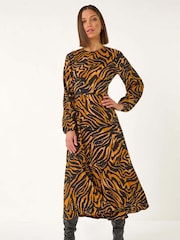 Roman Brown Animal Print Belt Detail Midi Dress - Image 2 of 5