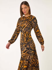 Roman Brown Animal Print Belt Detail Midi Dress - Image 4 of 5