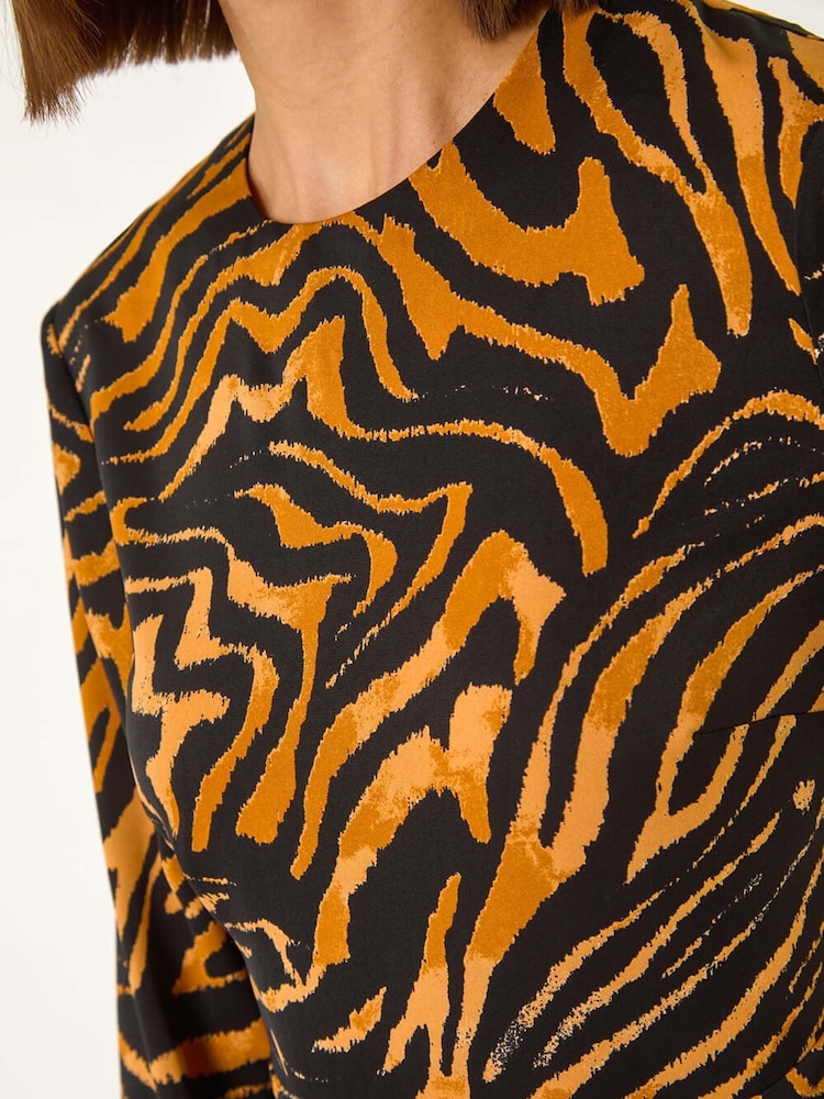 Roman Brown Animal Print Belt Detail Midi Dress - Image 5 of 5