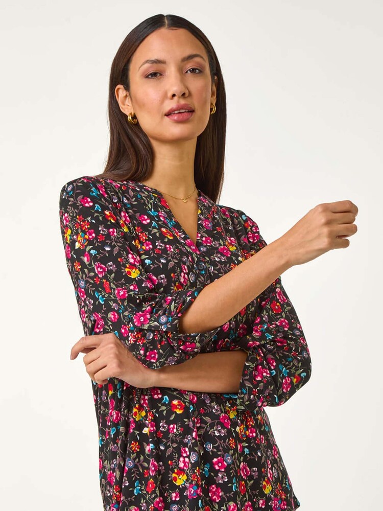 Roman Pink Floral Print V-Neck Stretch Top - Image 1 of 5 Roman Pink Floral Print V-Neck Stretch Top - Image 1 of 5