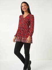 Roman Red Abstract Printed V-Neck Tunic Top - Image 1 of 5