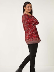 Roman Red Abstract Printed V-Neck Tunic Top - Image 3 of 5