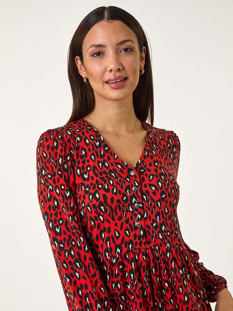 Roman Red Abstract Printed V-Neck Tunic Top - Image 4 of 5