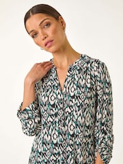 Roman Blue Print V-Neck Stretch Blouse - Image 1 of 5