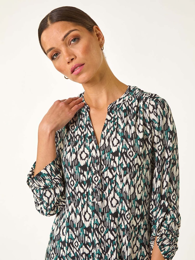 Roman Blue Print V-Neck Stretch Blouse - Image 1 of 5
