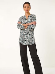 Roman Blue Print V-Neck Stretch Blouse - Image 2 of 5