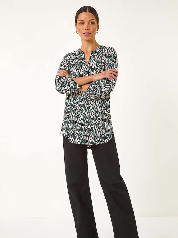 Roman Blue Print V-Neck Stretch Blouse - Image 2 of 5