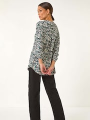 Roman Blue Print V-Neck Stretch Blouse - Image 3 of 5