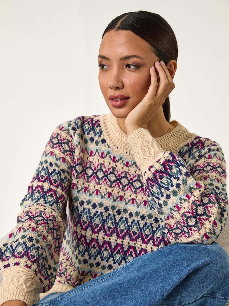 Roman Blue Delicate Scallop Fairisle Jumper - Image 1 of 5