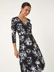 Roman Black Floral Print Wrap Front Stretch Dress - Image 1 of 5