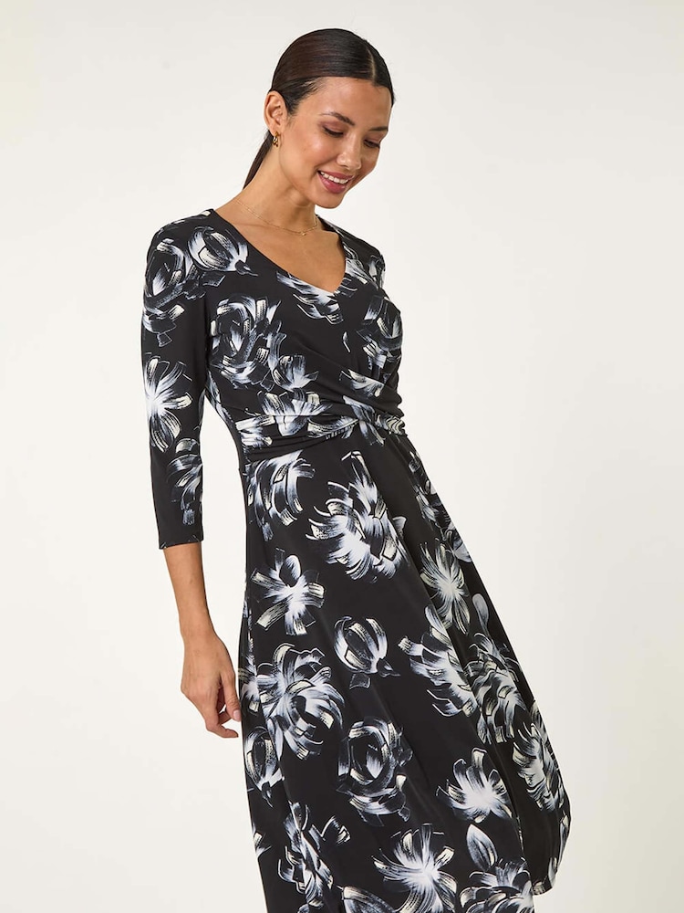 Roman Black Floral Print Wrap Front Stretch Dress - Image 1 of 5 Roman Black Floral Print Wrap Front Stretch Dress - Image 1 of 5