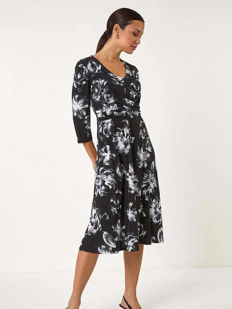 Roman Black Floral Print Wrap Front Stretch Dress - Image 2 of 5