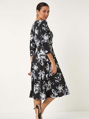 Roman Black Floral Print Wrap Front Stretch Dress - Image 3 of 5
