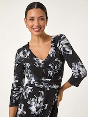 Roman Black Floral Print Wrap Front Stretch Dress - Image 4 of 5