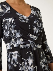 Roman Black Floral Print Wrap Front Stretch Dress - Image 5 of 5