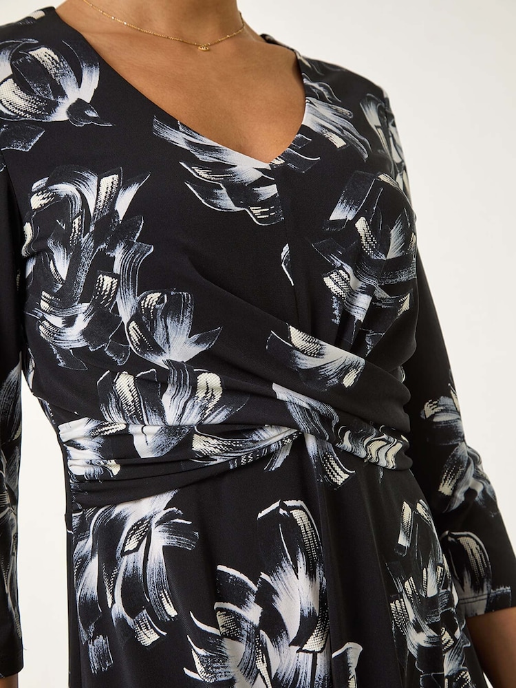 Roman Black Floral Print Wrap Front Stretch Dress - Image 5 of 5