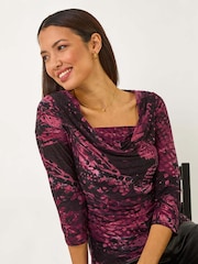 Roman Pink Printed Cowl Neck Stretch Top - Image 1 of 5